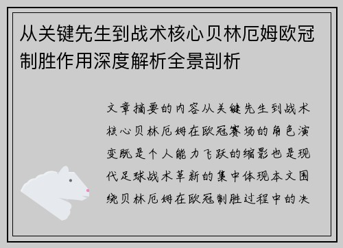 从关键先生到战术核心贝林厄姆欧冠制胜作用深度解析全景剖析