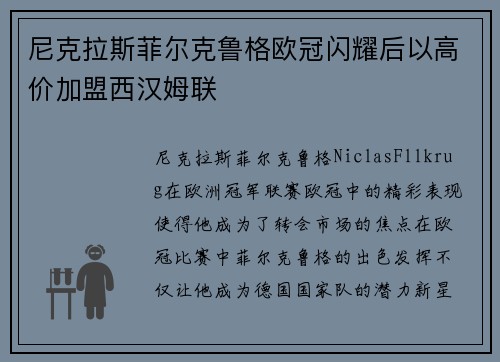 尼克拉斯菲尔克鲁格欧冠闪耀后以高价加盟西汉姆联